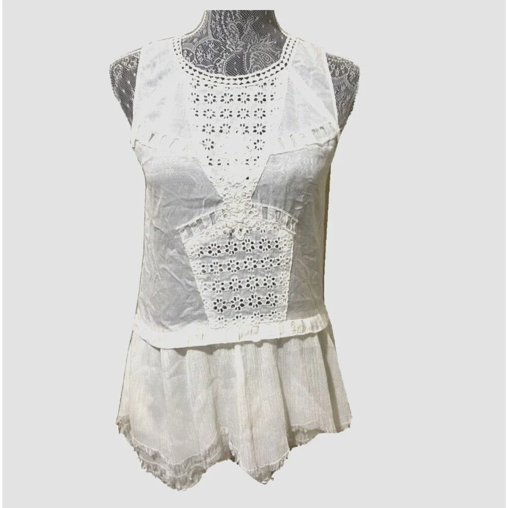 Free People Linen Crochet Lace Eyelet Peplum Cami White Boho Sheer Tank Blouse S